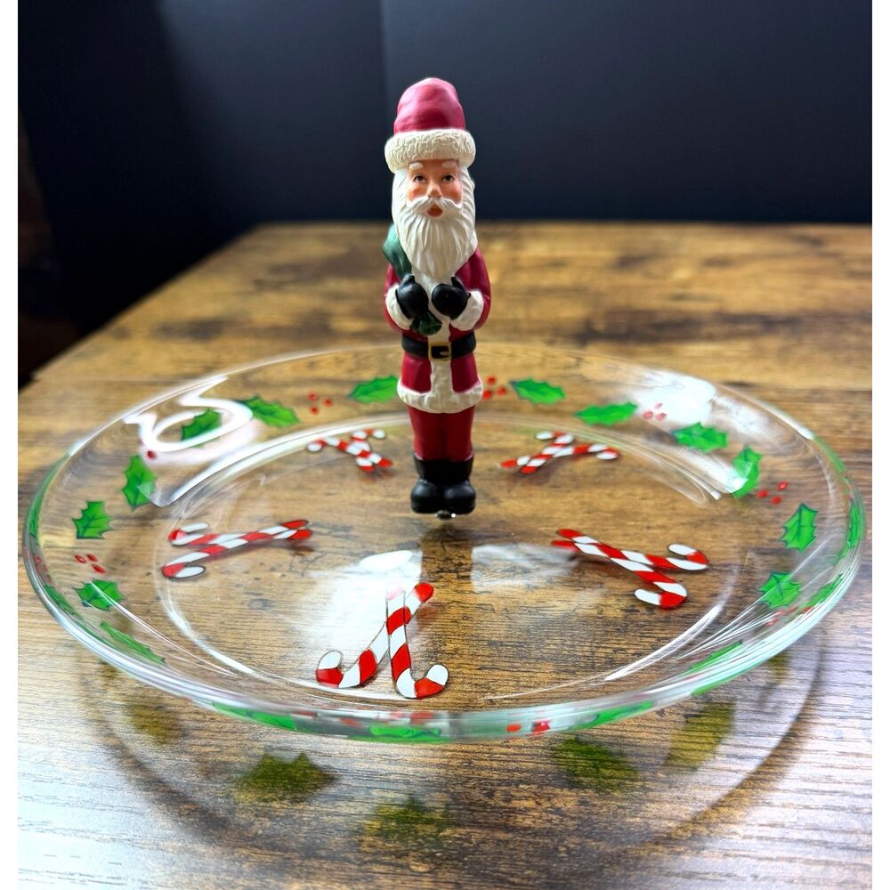 Vintage Gorham Follies Santa 9.5' Canape Dish Hand Painted Glass Christmas NIB - Picture 3 of 8